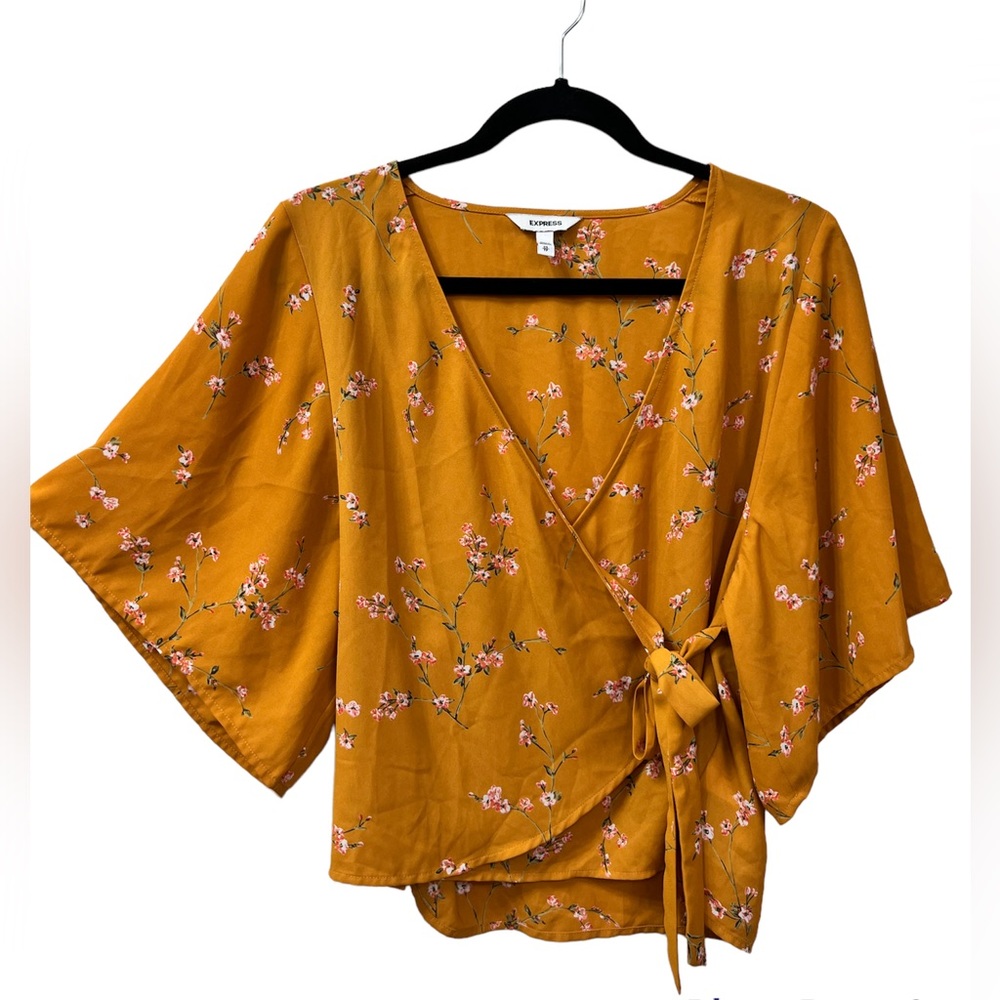 Express Mustard Yellow Floral Kimono Wrap Blouse 
XS
